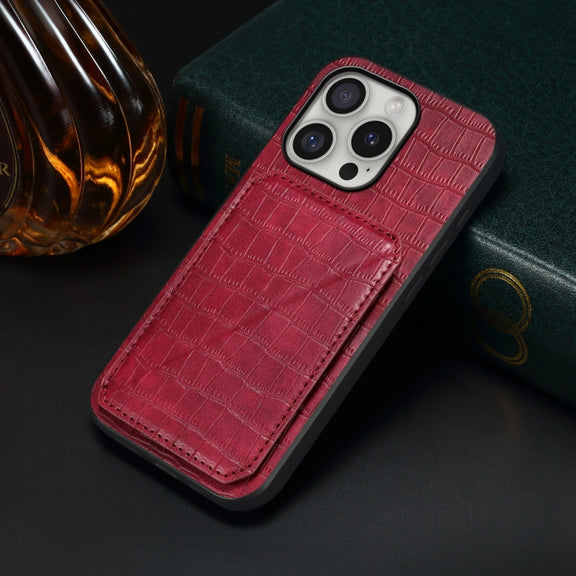 For iPhone 16 Pro Imitation Crocodile Leather Back Phone Case with Holder(Rose Red)