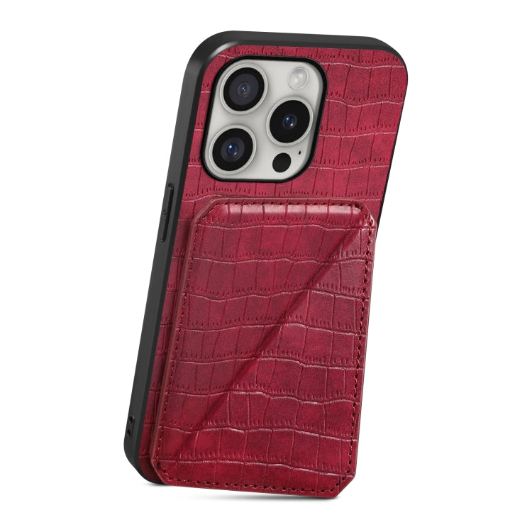 For iPhone 16 Pro Imitation Crocodile Leather Back Phone Case with Holder(Rose Red)