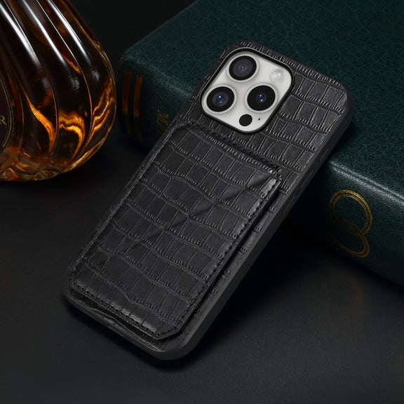 For iPhone 16 Pro Max Imitation Crocodile Leather Back Phone Case with Holder(Black)
