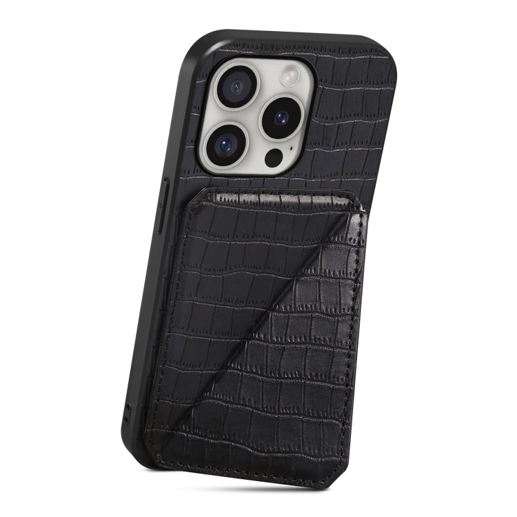 For iPhone 16 Pro Max Imitation Crocodile Leather Back Phone Case with Holder(Black)