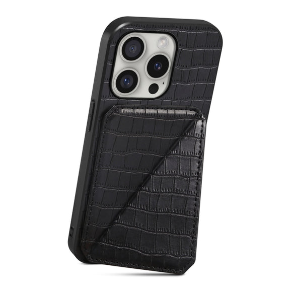 For iPhone 16 Pro Max Imitation Crocodile Leather Back Phone Case with Holder(Black)