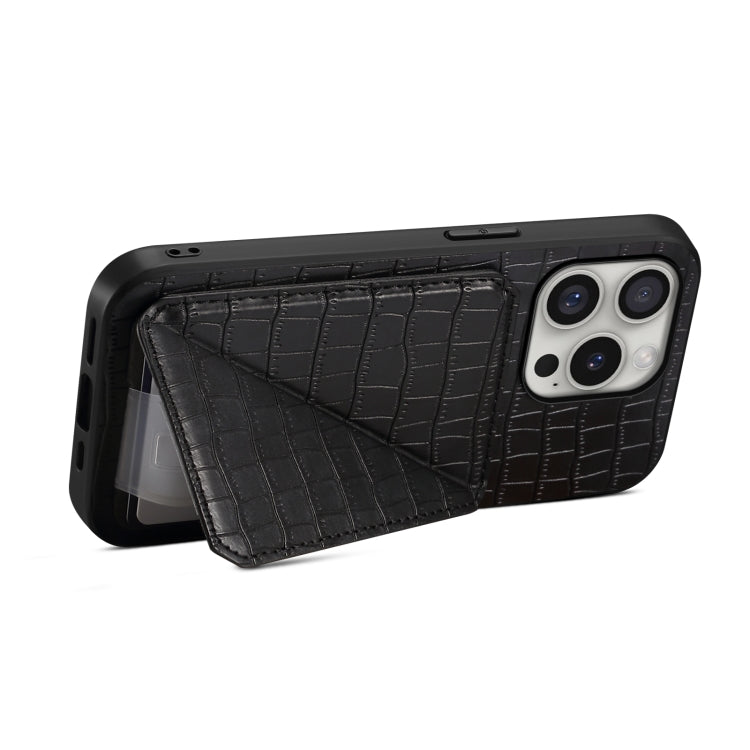 For iPhone 16 Pro Max Imitation Crocodile Leather Back Phone Case with Holder(Black)