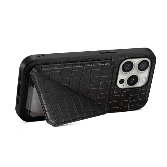 For iPhone 16 Pro Max Imitation Crocodile Leather Back Phone Case with Holder(Black)