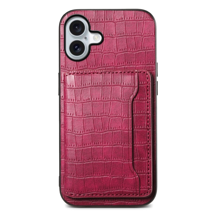 For iPhone 16 Crocodile Texture Card Bag Design Full Coverage Phone Case(Red)