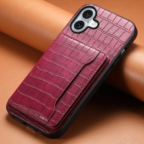 For iPhone 16 Crocodile Texture Card Bag Design Full Coverage Phone Case(Red)