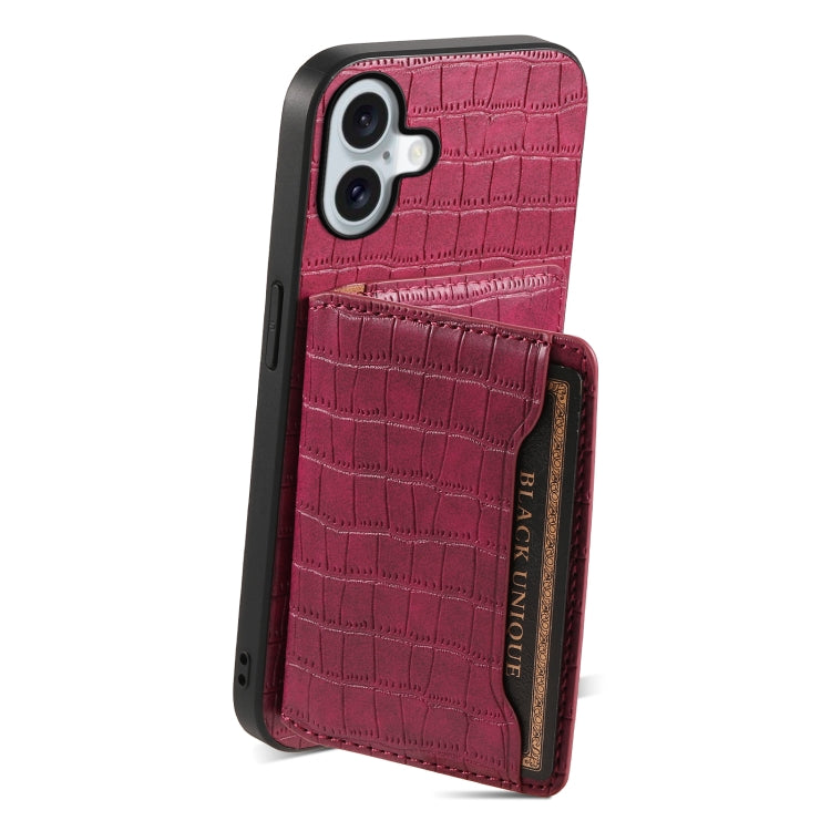 For iPhone 16 Crocodile Texture Card Bag Design Full Coverage Phone Case(Red)