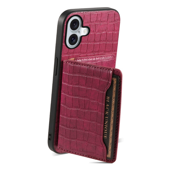 For iPhone 16 Crocodile Texture Card Bag Design Full Coverage Phone Case(Red)
