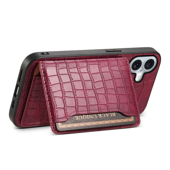 For iPhone 16 Crocodile Texture Card Bag Design Full Coverage Phone Case(Red)