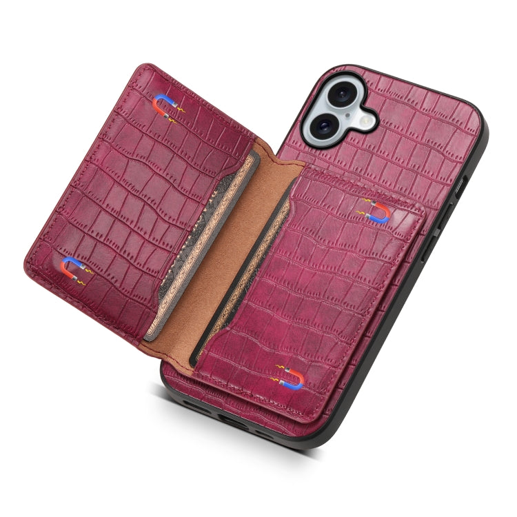 For iPhone 16 Crocodile Texture Card Bag Design Full Coverage Phone Case(Red)