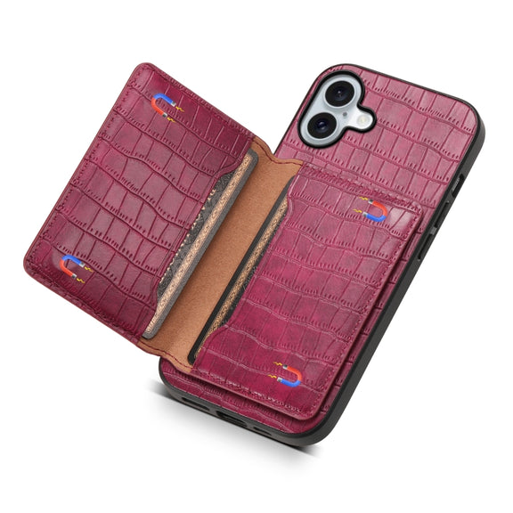For iPhone 16 Crocodile Texture Card Bag Design Full Coverage Phone Case(Red)
