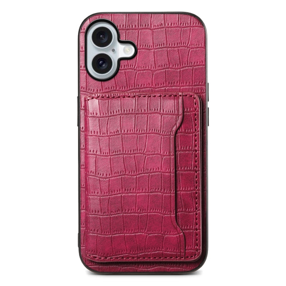 For iPhone 16 Crocodile Texture Card Bag Design Full Coverage Phone Case(Red)