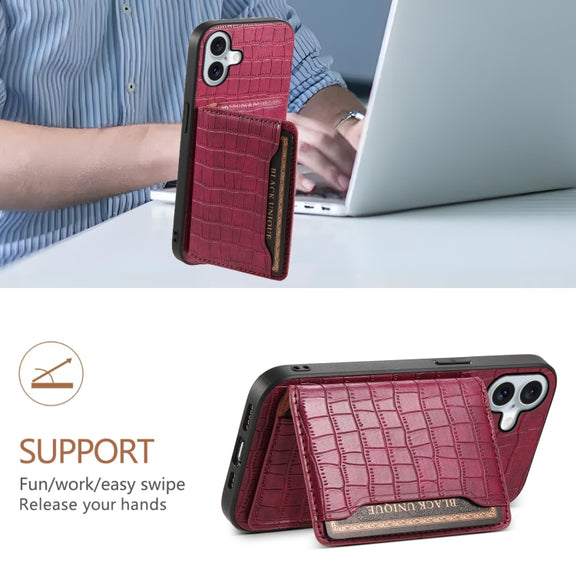 For iPhone 16 Crocodile Texture Card Bag Design Full Coverage Phone Case(Red)