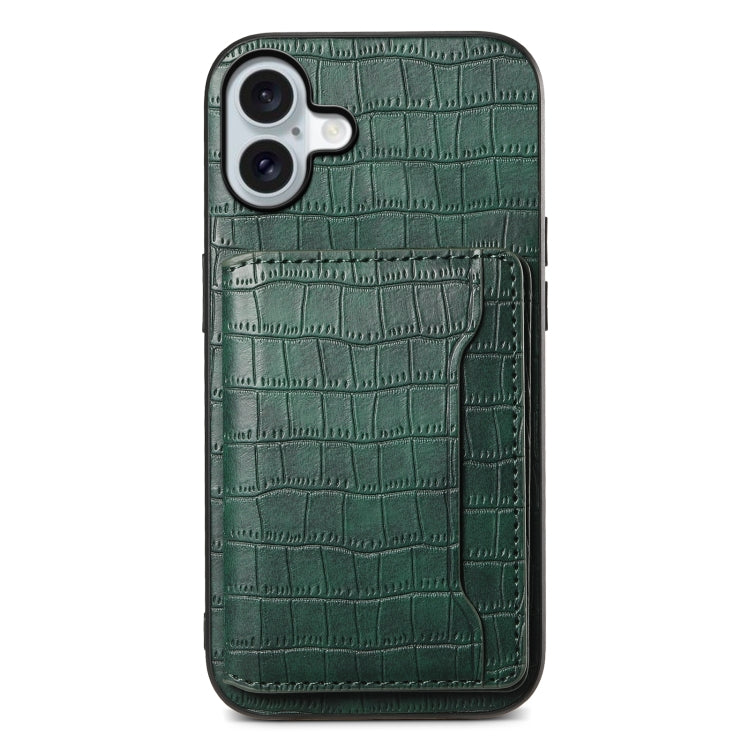 For iPhone 16 Plus Crocodile Texture Card Bag Design Full Coverage Phone Case(Green)