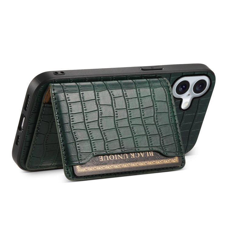 For iPhone 16 Plus Crocodile Texture Card Bag Design Full Coverage Phone Case(Green)