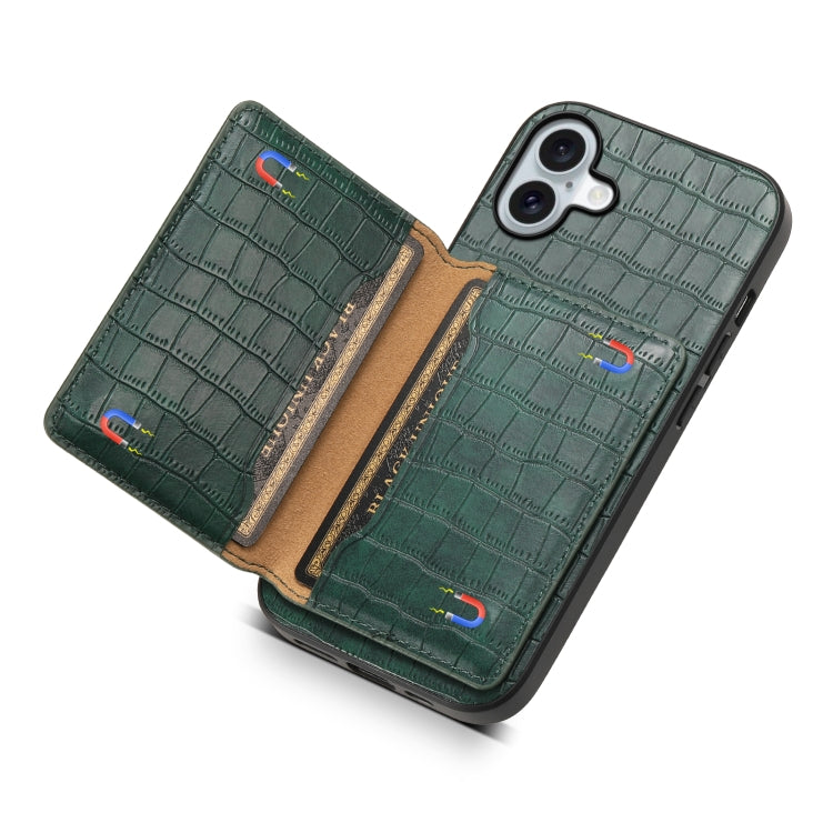 For iPhone 16 Plus Crocodile Texture Card Bag Design Full Coverage Phone Case(Green)