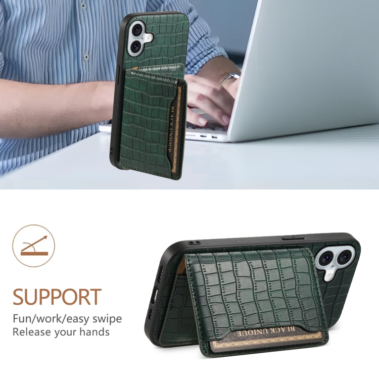 For iPhone 16 Plus Crocodile Texture Card Bag Design Full Coverage Phone Case(Green)