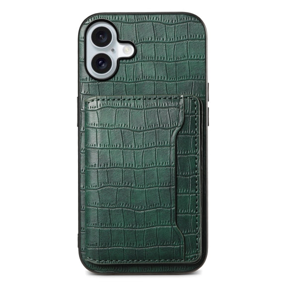 For iPhone 16 Plus Crocodile Texture Card Bag Design Full Coverage Phone Case(Green)