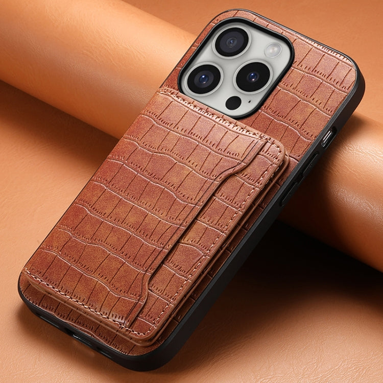 For iPhone 16 Pro Max Crocodile Texture Card Bag Design Full Coverage Phone Case(Brown)