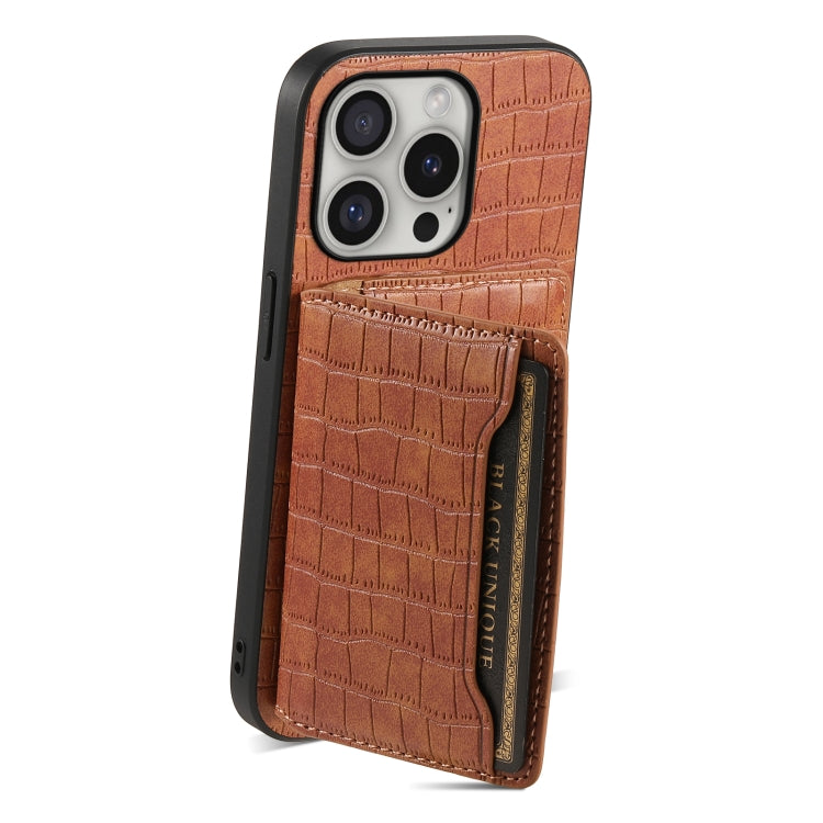 For iPhone 16 Pro Max Crocodile Texture Card Bag Design Full Coverage Phone Case(Brown)