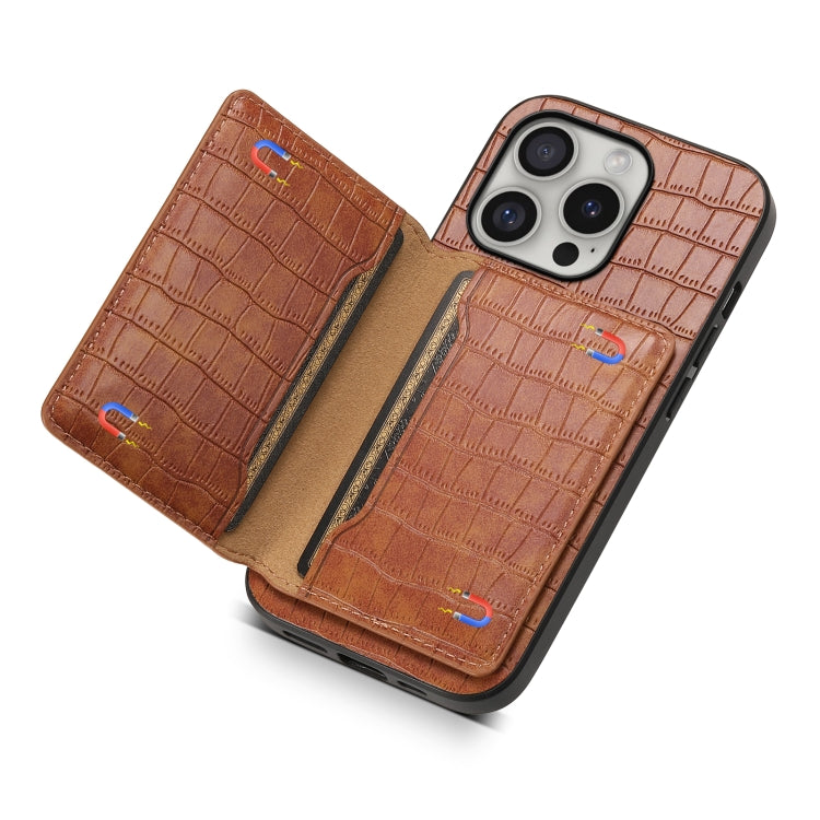 For iPhone 16 Pro Max Crocodile Texture Card Bag Design Full Coverage Phone Case(Brown)