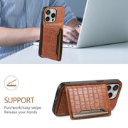 For iPhone 16 Pro Max Crocodile Texture Card Bag Design Full Coverage Phone Case(Brown)
