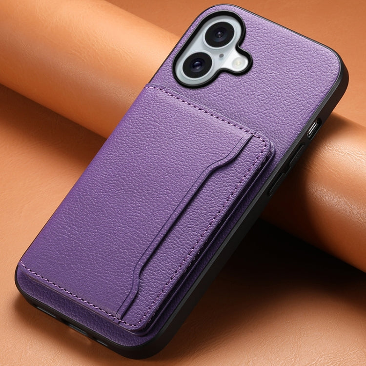 For iPhone 16 Calf Texture Card Bag Design Full Coverage Phone Case(Purple)