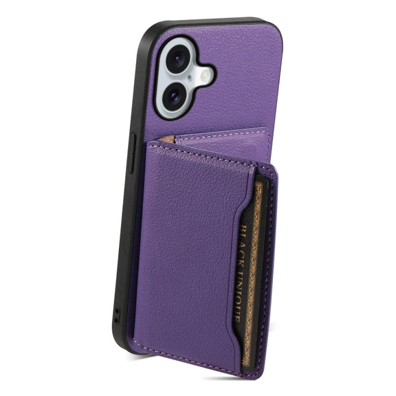 For iPhone 16 Calf Texture Card Bag Design Full Coverage Phone Case(Purple)