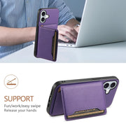 For iPhone 16 Calf Texture Card Bag Design Full Coverage Phone Case(Purple)