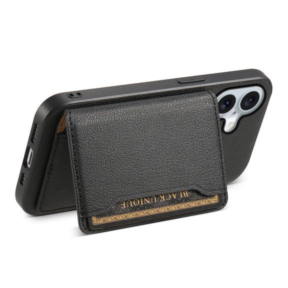 For iPhone 16 Plus Calf Texture Card Bag Design Full Coverage Phone Case(Black)