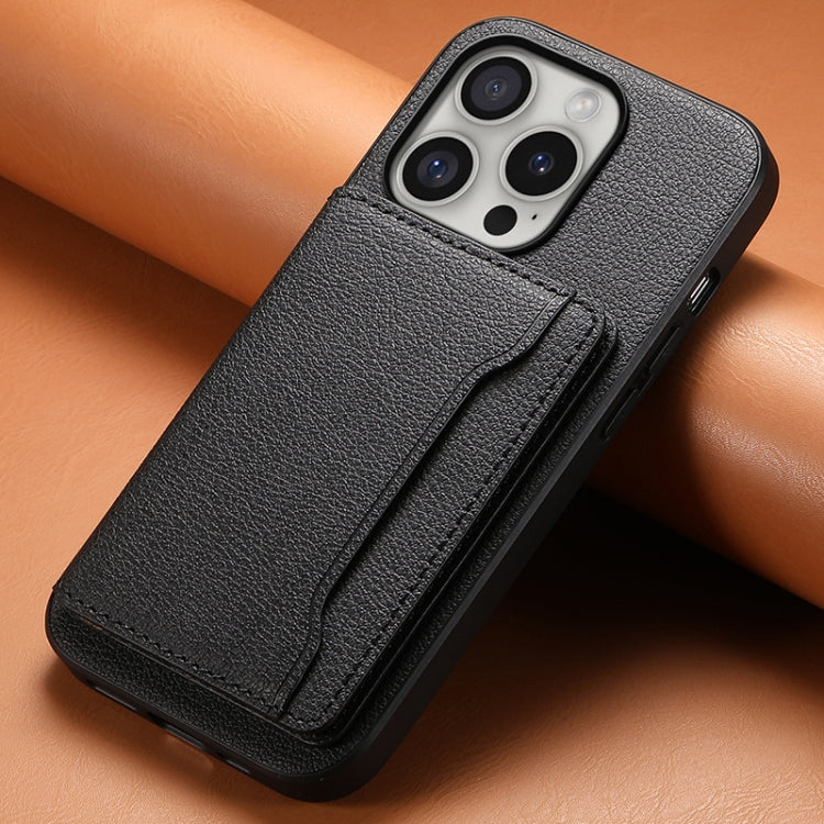 For iPhone 16 Pro Max Calf Texture Card Bag Design Full Coverage Phone Case(Black)