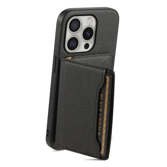 For iPhone 16 Pro Max Calf Texture Card Bag Design Full Coverage Phone Case(Black)