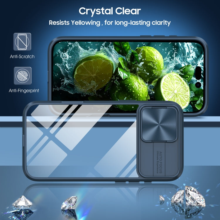 For iPhone 16 Sliding Camshield Acrylic Hybrid TPU Phone Case(Navy Blue)