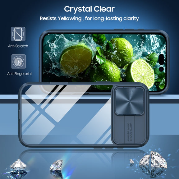 For iPhone 16 Sliding Camshield Acrylic Hybrid TPU Phone Case(Navy Blue)