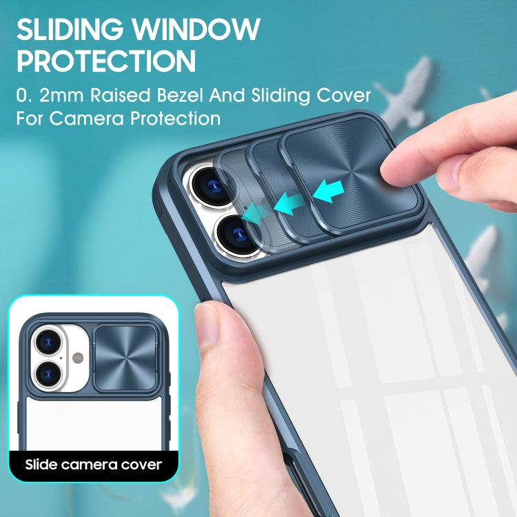For iPhone 16 Sliding Camshield Acrylic Hybrid TPU Phone Case(Navy Blue)