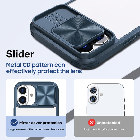 For iPhone 16 Sliding Camshield Acrylic Hybrid TPU Phone Case(Navy Blue)