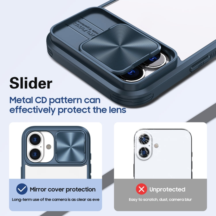 For iPhone 16 Sliding Camshield Acrylic Hybrid TPU Phone Case(Navy Blue)