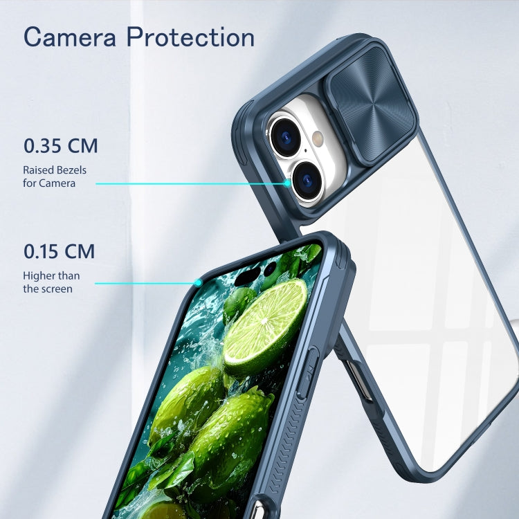 For iPhone 16 Sliding Camshield Acrylic Hybrid TPU Phone Case(Navy Blue)