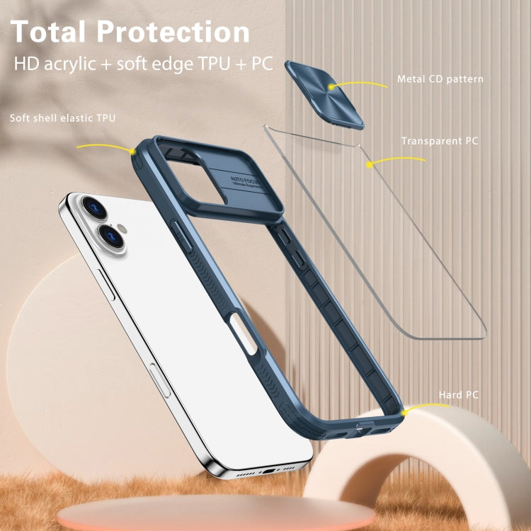 For iPhone 16 Sliding Camshield Acrylic Hybrid TPU Phone Case(Navy Blue)