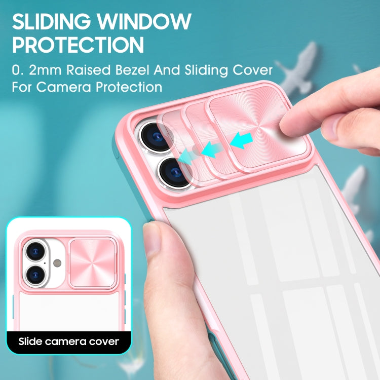 For iPhone 16 Sliding Camshield Acrylic Hybrid TPU Phone Case(Pink Cyan)