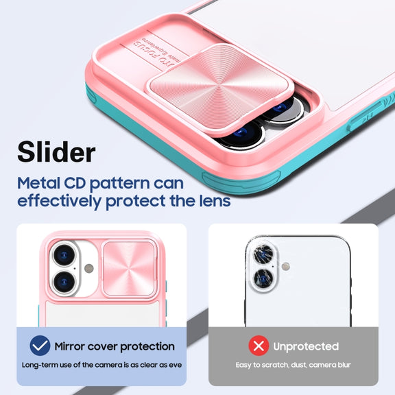 For iPhone 16 Sliding Camshield Acrylic Hybrid TPU Phone Case(Pink Cyan)