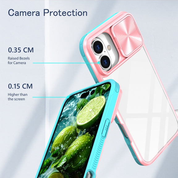 For iPhone 16 Sliding Camshield Acrylic Hybrid TPU Phone Case(Pink Cyan)