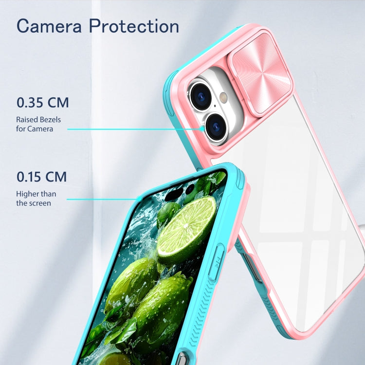 For iPhone 16 Sliding Camshield Acrylic Hybrid TPU Phone Case(Pink Cyan)