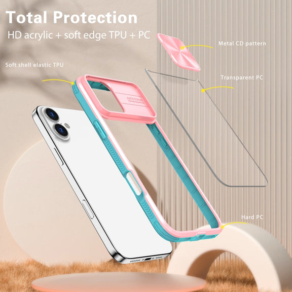 For iPhone 16 Sliding Camshield Acrylic Hybrid TPU Phone Case(Pink Cyan)