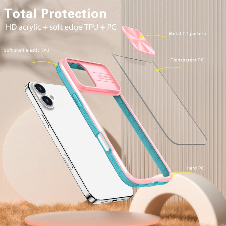 For iPhone 16 Sliding Camshield Acrylic Hybrid TPU Phone Case(Pink Cyan)