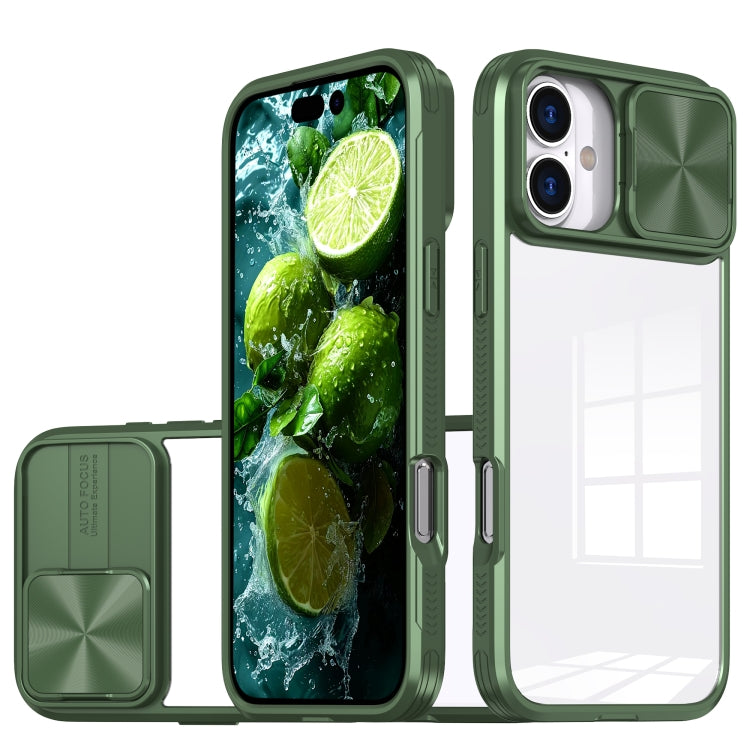 For iPhone 16 Sliding Camshield Acrylic Hybrid TPU Phone Case(Olive Green)