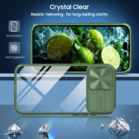 For iPhone 16 Sliding Camshield Acrylic Hybrid TPU Phone Case(Olive Green)