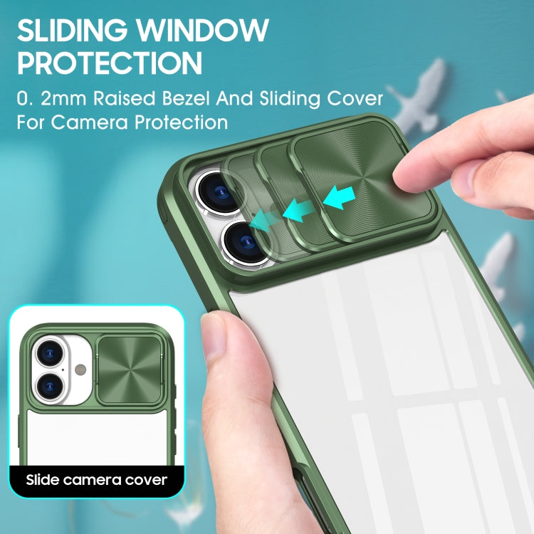 For iPhone 16 Sliding Camshield Acrylic Hybrid TPU Phone Case(Olive Green)