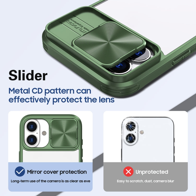 For iPhone 16 Sliding Camshield Acrylic Hybrid TPU Phone Case(Olive Green)