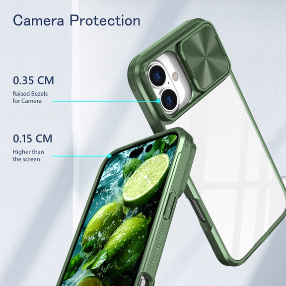 For iPhone 16 Sliding Camshield Acrylic Hybrid TPU Phone Case(Olive Green)
