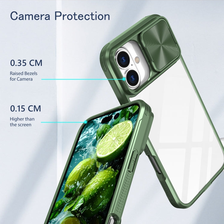 For iPhone 16 Sliding Camshield Acrylic Hybrid TPU Phone Case(Olive Green)